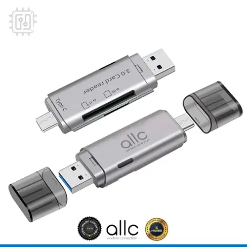 Leitor de Cartão de Memória Duplo Micro SD TF e SD Android PC Notebook - USB Tipo C + USB