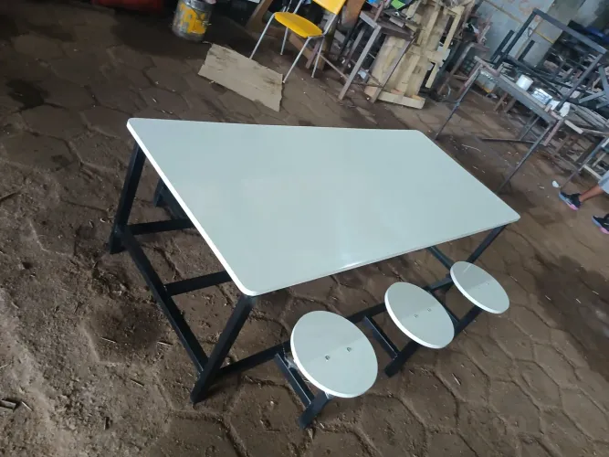 Mesa refeitório infantil, estilo industrial,6 lugares, nova,bancos retratil