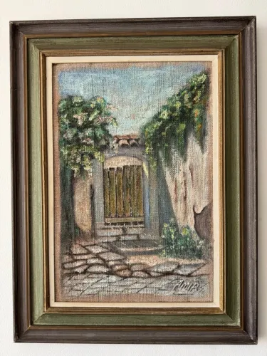 Lindo quadro antigo pintado a óleo retratando cena de rua pitoresca