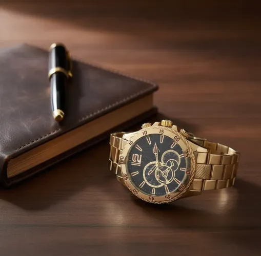 Relógio Masculino Grande Dourado Fundo Preto Original Pulso Preto Dourado