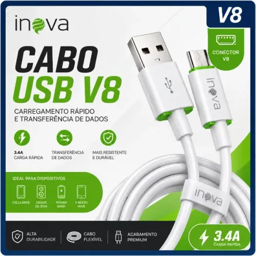 Cabo Micro USB V8 Carregador de 1 Metro - Branco Inova