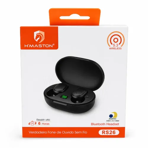 Fone Bluetooth H'Maston RS26 Sem Fio TWS com Microfone Estojo Recarregável pode retira no