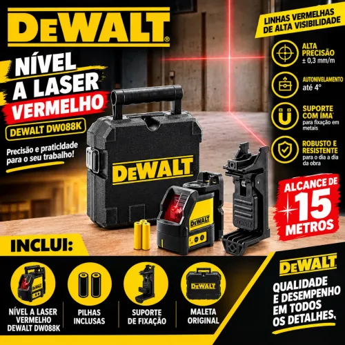 Nível a Laser Vermelho Alcance de 15 Metros DEWALT DW087 , Inclui Pilhas, Suporte e Maleta