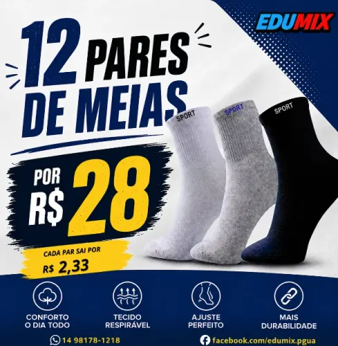 Kit Com 12 Pares de Meias Cano Alto