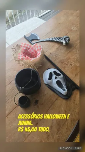 Kit Acessórios Halloween e Festa Junina - Máscara, Caldeirões, Machado e Cesta