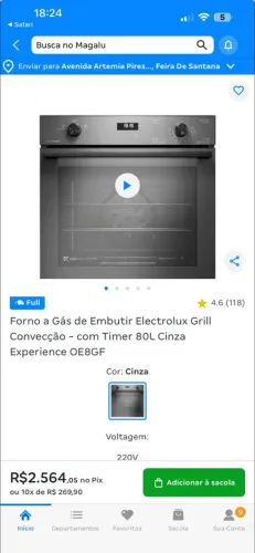 Forno a gás de embutir Electrolux grill, 80 litros, zero, na caixa