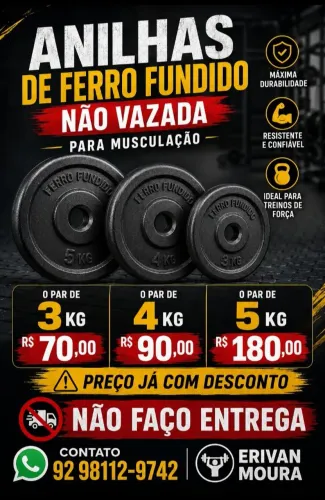 Vende- se anilhas de 3 kg , 4kg, 5jf para musculação. Aumente sua carga de peso.