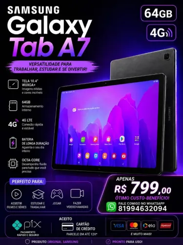 Samsung Galaxy Tab A7 64GB Wi-Fi + Chip (4G) - Grafite - R$ 799,00