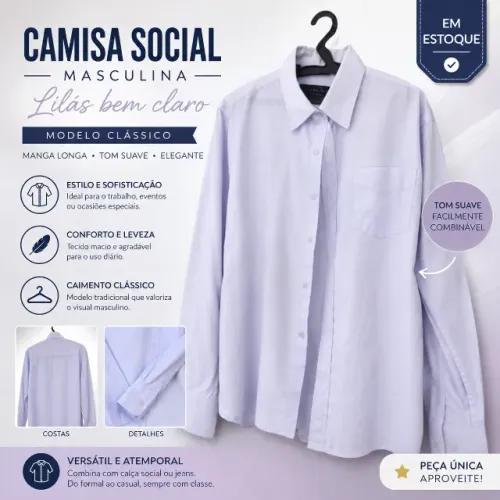 Camisa social masculina lilás bem claro (quase branco) manga longa / tom suave / moderno