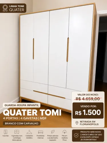 Guarda-Roupa Infantil Quater Tomi 4 Portas Branco/Carvalho | MDF | Semi Novo