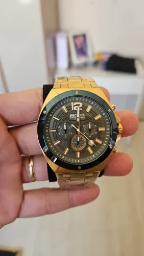 Relógio Seculus Masculino Dourado Cronógrafo Fundo Cinza
