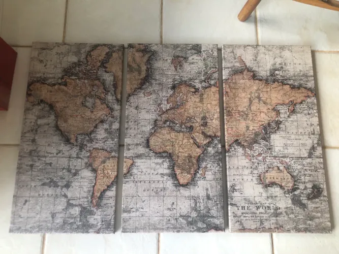 Quadro Decorativo Mapa Mundi 3 Peças (Tríptico) Estilo Vintage