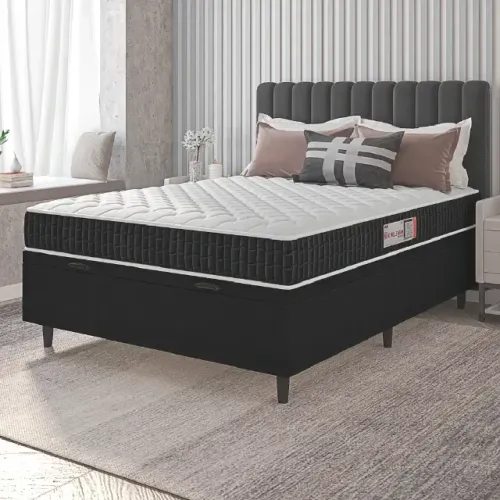 Colchão Casal Espuma D33 + Cama Box Baú cor Preta