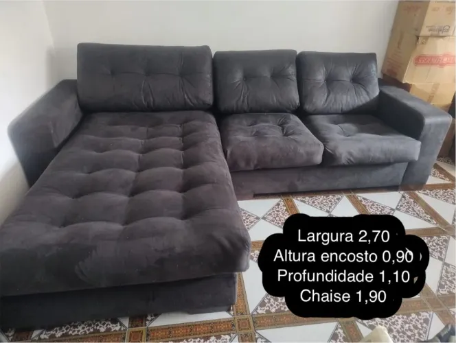 Sofá Tecido Preto Grande com Chaise 