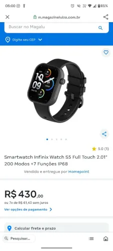 Relógio smartwatch infinix S5 full