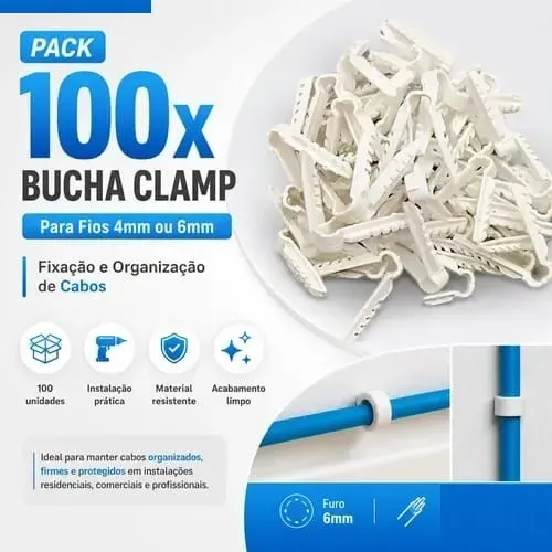 Kit 100 Buchas Clamp X6 6mm Fixador de Cabos Rede UTP Alarme Interfone Coaxial