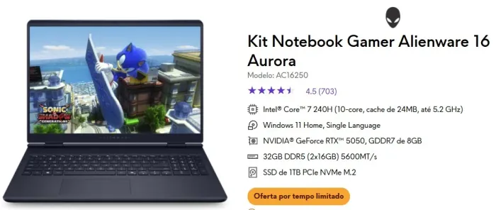 Notebook Alienware 16 Aurora Novo | RTX 5050 8GB | 32GB RAM | SSD 1TB | Garantia Dell