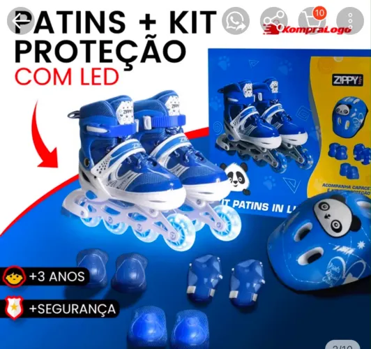 Patins Zippy Kit Proteção Infantil Menino Azul Led 30 a 33