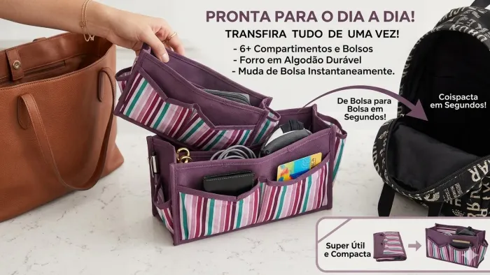 Organizador de Bolsa Inteligente (Roxo/Listrado) - Troque de Bolsa em Segundos!