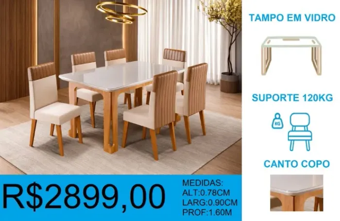 MESA - 6 CADEIRAS - TAMPO VIDRO- COMPRE HOJE E RECEBA EM ATÉ 72 HORAS 