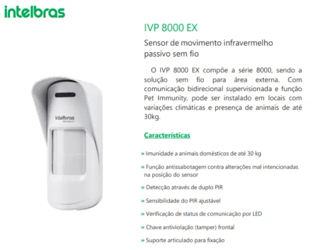 Sensor de movimento infravermelho passivo sem fio IVP 8000 EX Intelbras