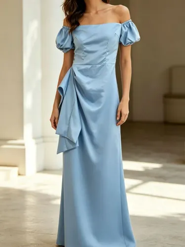 Vestido de festa longo azul ombro a ombro