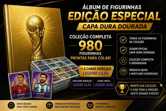 Álbum Copa 2026 Completo 980 Figurinhas + Messi e CR7 Legend - Capa Dura OURO E PRATA