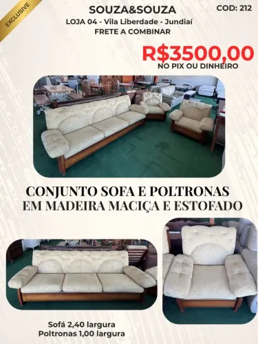 Conjunto de Sofá com Poltronas em Madeira Maciça com Estofado