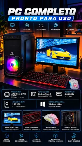 PC Completo Ryzen 3 PRO + Monitor AOC + Teclado e Mouse Gamer
