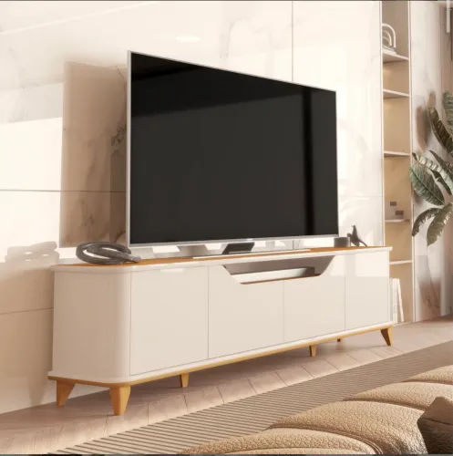 Rack Aron até 75? - Elegância com Tampo Curvo, Sistema Slow e Pés em Madeira Maciça
