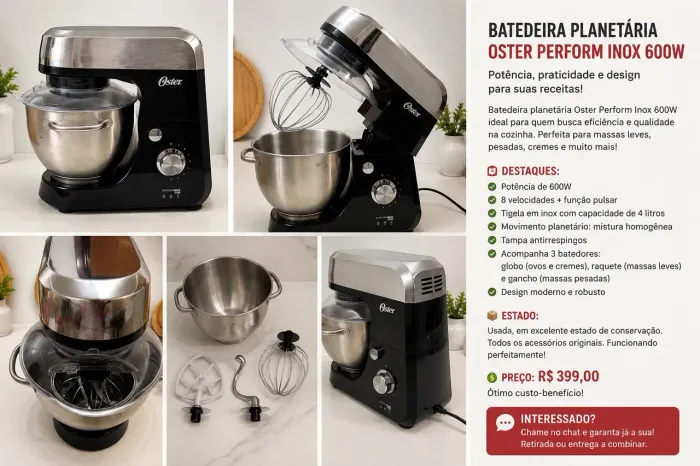 Batedeira Planetária Oster Perform Inox 600W - Completa
