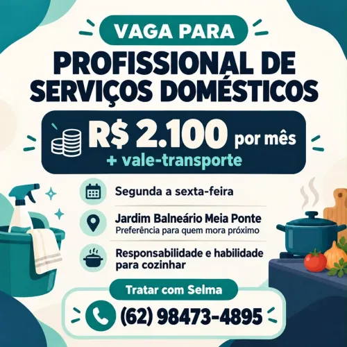 Vaga doméstica ? R$ 2.100 + VT ? Segunda a sexta