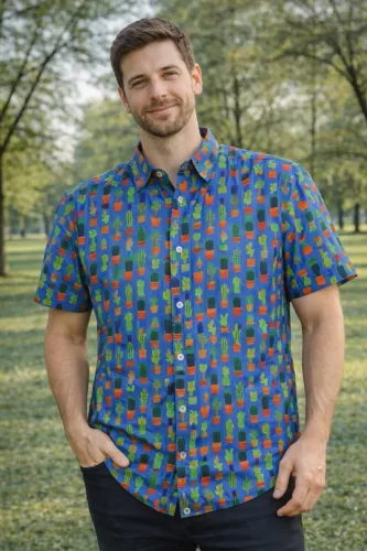 Camisa de Botão Masculina Estampa Cacto 100% Algodão
