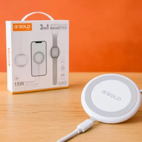 Carregador Sem Fio Magnético 3 em 1 para Smartwatch, Celular e Fone 15W BTE-56 A?Gold