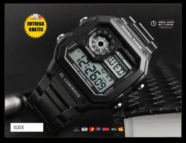 Relógio Digital Pulseira Aço Inoxidável A Prova D'Água - Preto