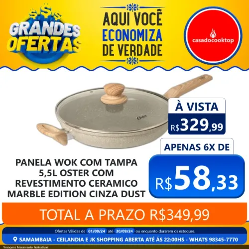 Panela wok com tampa 5,5l oster com revestimento ceramico marble edition - cinza dust