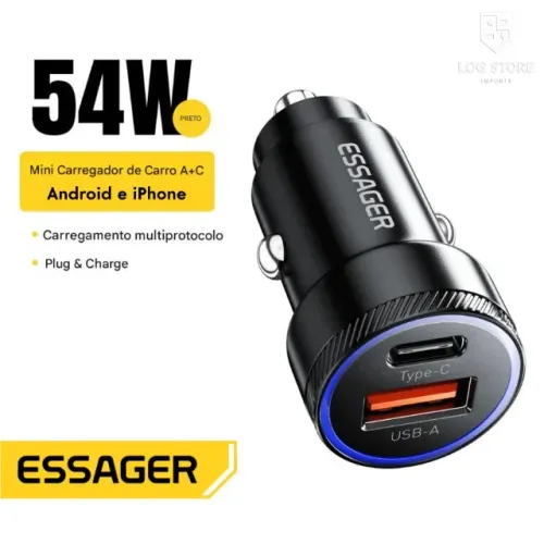 Carregador Veicular Super Rápido Essager 54w USB + C para Android e iPhone Preto