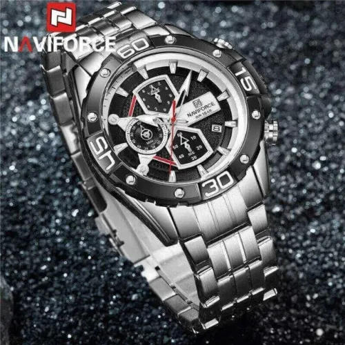 Relógio Masculino Naviforce 8018 - Aço Inoxidável, 46mm, Ponteiros Luminosos, 3ATM