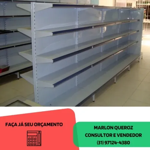 Gondola de Centro Branca com porta etiqueta azul Nova