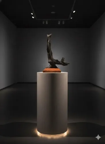 Escultura rara natural em madeira antiga submersa em leito de rio 