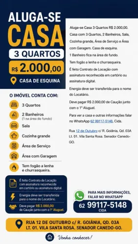 Aluga-se Casa 3 Qtos 2 Banheiros 
