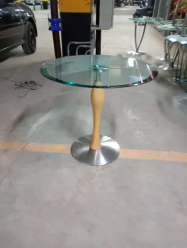 Mesa Lateral Redonda Vidro Bisotado - Base Tulipa Madeira e Inox - Estilo Moderno