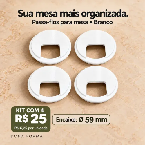 Kit 4 Passa-Fios para Mesa 59mm Branco com Tampa Removível