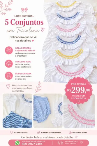 Kit com 5 conjuntos infantil com gola bordada