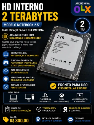 HD interno de 2TB em perfeito funcionamento