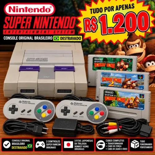 super nintendo destravado + trilogia donkey kong japonês + 2 controles (TUDO ORIGINAL)