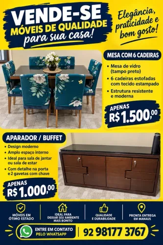 Mesa de Jantar 6 Lugares + Aparador - Conjunto para Sala