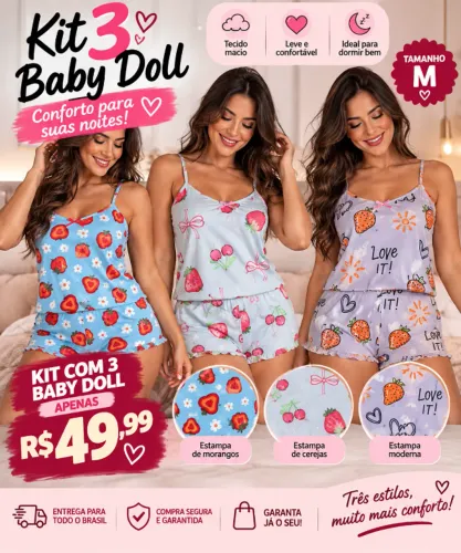 Kit 3 Baby Doll Feminino - Tamanho M | 3 Estampas | R$ 49,99