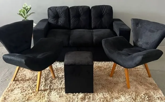Kit Sofá 3 Lugares com almofadas soltas, 2 Poltronas e um Puff - Entrega Imediata;