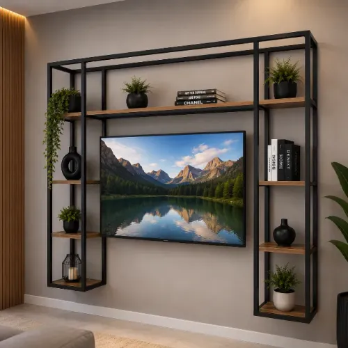 Painel Suspenso para TV Estilo Industrial com Nichos em MDF e Estrutura em Aço